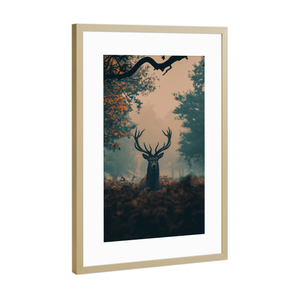 Poster mit Rahmen Gold "Hirsch im Wald im Herbst" artboxONE - Natur,Tiere - Hirsch,Natur,Wald,Dunkel,Bäume,Herbst,Ki