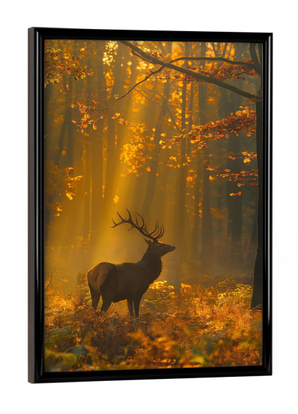 Poster mit schwarzem Rahmen "Hirsch im Sonnenlicht" artboxONE - Natur,Tiere - Hirsch,Wald,Natur,Bäume,Sonnenuntergang,Sonnenaufgang,Sonnenlicht