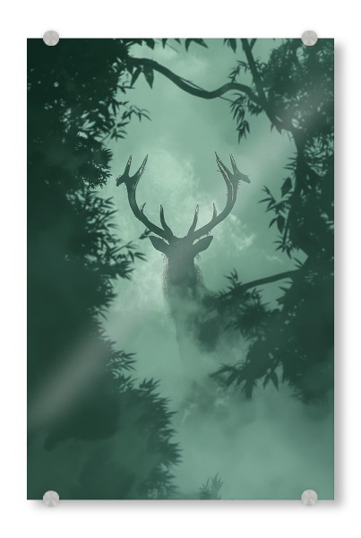 Acrylglasbild "Hirsch im Schatten des Waldes" artboxONE - Natur,Tiere - Hirsch,Wald,Natur,Bäume,Schatten,Dunkel,Ki