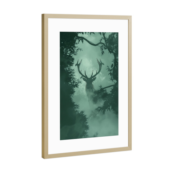 Poster mit Rahmen Gold "Hirsch im Schatten des Waldes" artboxONE - Natur,Tiere - Hirsch,Wald,Natur,Bäume,Schatten,Dunkel,Ki