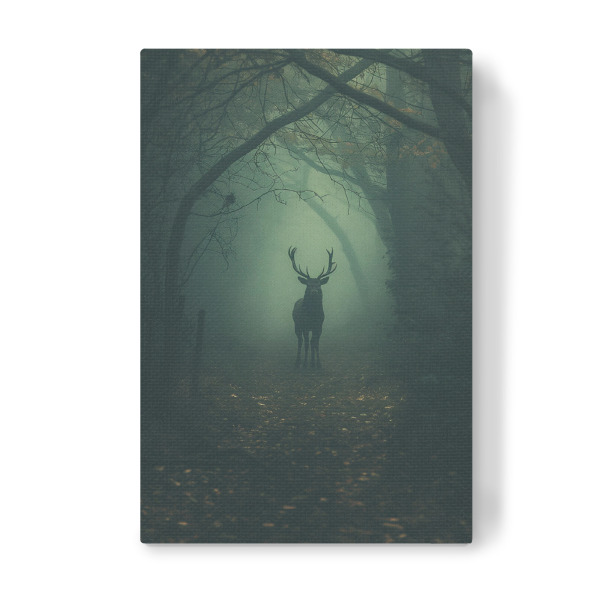 Leinwandbild "Hirsch auf dunklem Waldweg" artboxONE - Natur,Tiere - Natur,Tiere,Wald,Bäume,Dunkel,Schatten,Waldweg,Weg