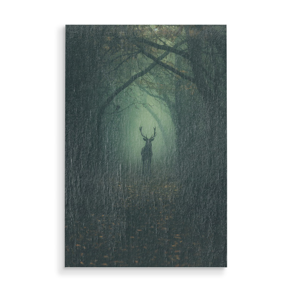 Holzbild "Hirsch auf dunklem Waldweg" artboxONE - Natur,Tiere - Natur,Tiere,Wald,Bäume,Dunkel,Schatten,Waldweg,Weg,Ki