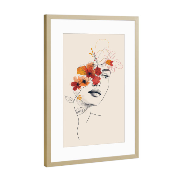 Poster mit Rahmen Gold "Floral lineart woman" artboxONE - Floral,Menschen - Floral,Frau,Minimalistisch,Blumen,Bunt,Lineart,Line,Art,Ki
