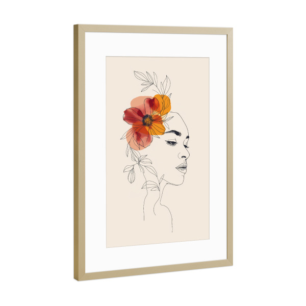 Poster mit Rahmen Gold "Floral line art woman" artboxONE - Floral,Menschen - Floral,Frau,Minimalistisch,Blumen,Bunt,Lineart,Line,Art,Ki