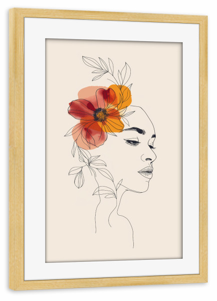 Poster mit Rahmen kiefer "Floral line art woman" artboxONE - Floral,Menschen - Floral,Frau,Minimalistisch,Blumen,Bunt,Lineart,Line,Art,Ki