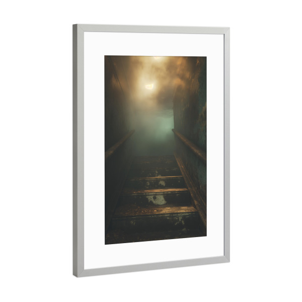 Poster mit Rahmen Silber "Staircase to the fog" artboxONE - Natur - Treppe,Düster,Natur,Weg,Illustration,Nebel,Ki