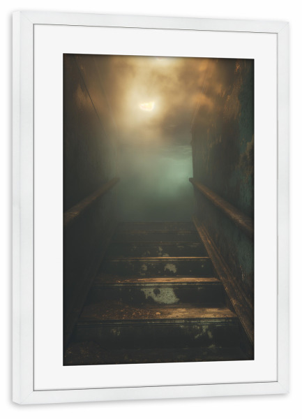 Poster mit Rahmen weiß "Staircase to the fog" artboxONE - Natur - Treppe,Düster,Natur,Weg,Illustration,Nebel,Ki