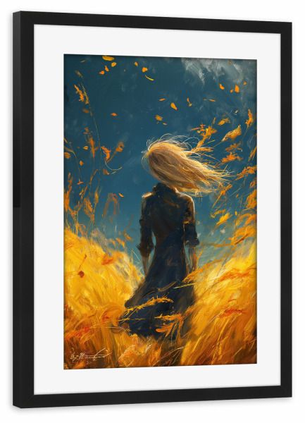Poster mit Rahmen schwarz "Woman in the field" artboxONE - Natur,Menschen - Frau,Feld,Illustration,Natur,Wind,Mädchen,Briese,Ki