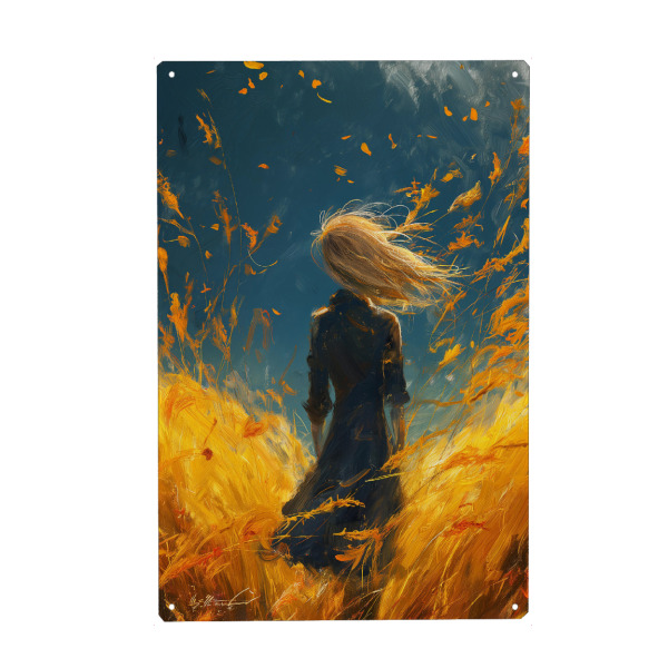 Metall Poster "Woman in the field" artboxONE - Natur,Menschen - Frau,Feld,Illustration,Natur,Wind,Mädchen,Briese,Ki - Blechschild