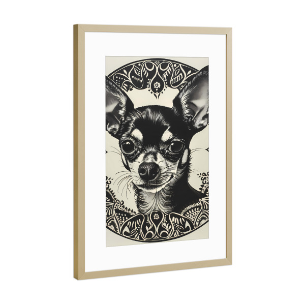 Poster mit Rahmen Gold "Mandala - Chihuahua Schwarz" artboxONE - Natur,Tiere,Abstrakt