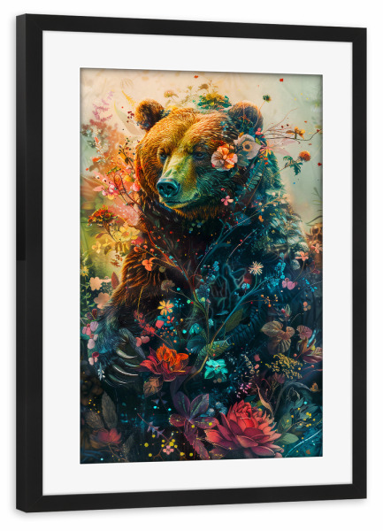 Poster mit Rahmen schwarz "Bear Flowers 3 (matart)" artboxONE - Tiere - Bär,Bären,Grizzly,Tier,Tiere,Natur,Wild,Blumen,Modern