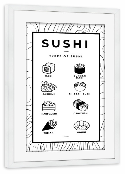 Poster mit Rahmen weiß "Sushi Varianten" artboxONE - Essen & Trinken,Schwarzweiß