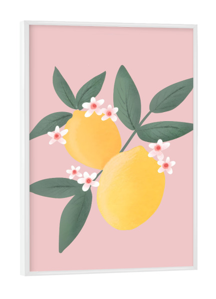 Poster mit weißem Rahmen "Zitronenblüten" artboxONE - Essen & Trinken / Obst & Gemüse - Gelb,Rosa,Zitrone,Obst,Bemalt,Blume,Blumen,Süß