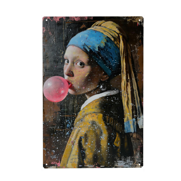 Holzbild "Mädchen mit dem Kaugummi" artboxONE - Streetart - Mädchen,Mädchen mit perlenohrring,Kaugummi,Vermeer,Klassiker,Portrait,Modern,Gemälde