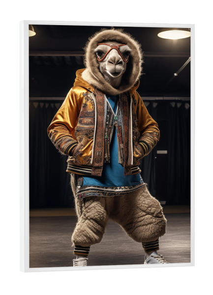 Poster mit weißem Rahmen "Cooles Kamel" artboxONE - Tiere,Fashion,Lustig - Kamel,Lustig,80s,80er,Collage,Bunt,Cool,Style,Fashion,Mode,Hiphop