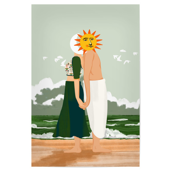 Poster 30x20 cm "Himmlische Union" artboxONE - Menschen - Union,Liebe,Sonne,Mond,Strand,Ozean,Meer,Landschaft,Natur,Reisen,Sommer,Paar,Himmlisch