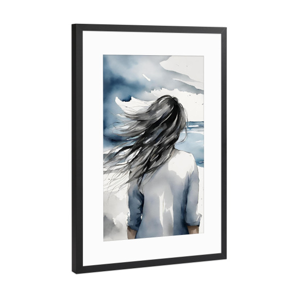 Poster mit Rahmen Schwarz (Metallic) "Dunkelhaarige Frau am Strand" artboxONE - Menschen,Reise / Strand und Meer