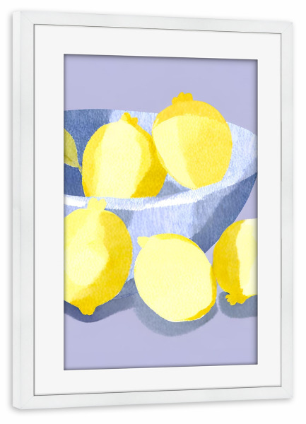 Poster mit Rahmen weiß "Zitronen in lila Schüssel" artboxONE - Essen & Trinken / Obst & Gemüse
