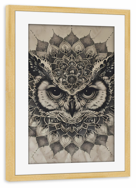Poster mit Rahmen kiefer "Mandala - Eule Schwarzweiß" artboxONE - Natur,Tiere,Abstrakt