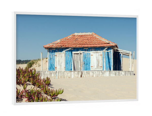 Poster mit weißem Rahmen "Blaue Strandhütte" artboxONE - Natur,Architektur,Reise / Strand und Meer
