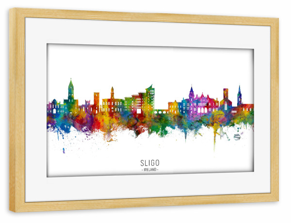 Poster mit Rahmen kiefer "Sligo Irland Skyline txt" artboxONE - Städte - Sligo,Irland,Skyline,Stadtbild,Stadtbild,Aquarell,Malerei