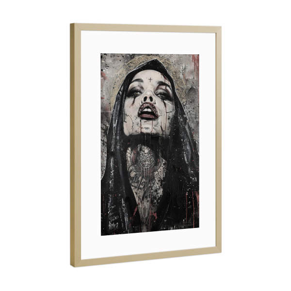Poster mit Rahmen Gold "Unheilige Maria Schwarz/Weiss" artboxONE - Schwarzweiß - Maria,Heilig,Schwarz,Weiss,Kaugummi,Pop art,Modern,Urban