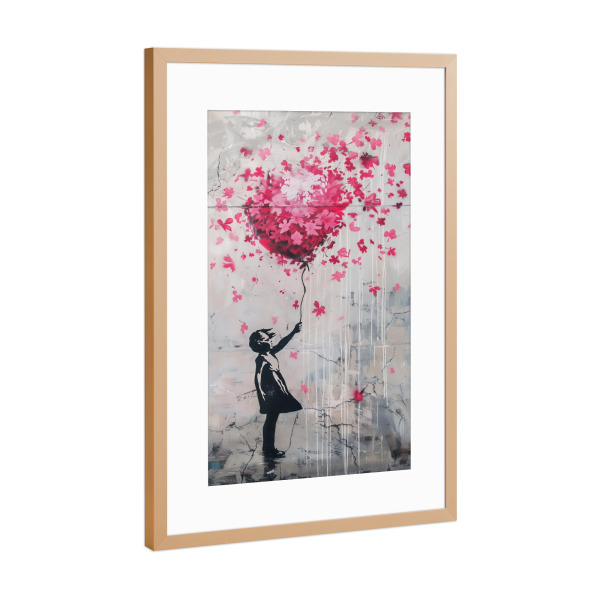 Poster mit Rahmen Kupfer "Mädchen mit Blüten-Ballon" artboxONE - Streetart - Blüte,Blumen,Herz,Liebe,Frühling,Ballon,Mädchen