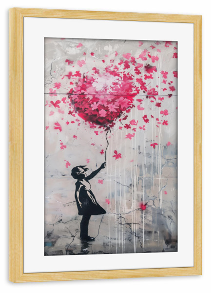 Poster mit Rahmen kiefer "Mädchen mit Blüten-Ballon" artboxONE - Streetart - Blüte,Blumen,Herz,Liebe,Frühling,Ballon,Mädchen