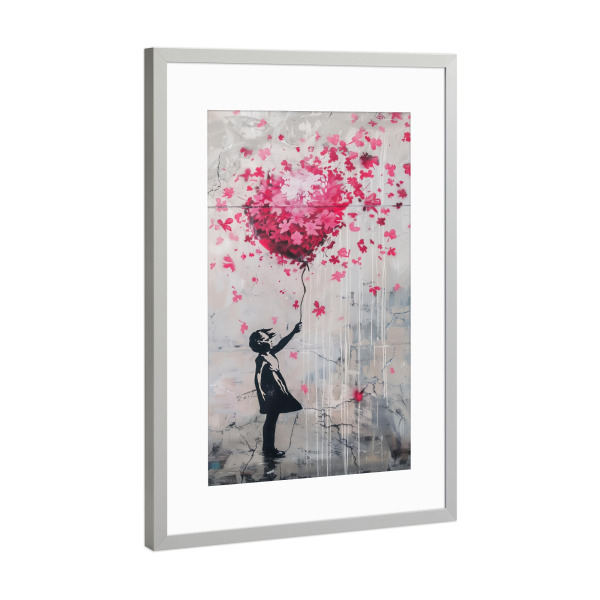 Poster mit Rahmen Silber "Mädchen mit Blüten-Ballon" artboxONE - Streetart - Blüte,Blumen,Herz,Liebe,Frühling,Ballon,Mädchen
