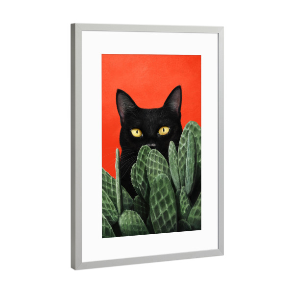 Poster mit Rahmen Silber "Schwarze Katze in Kakteen" artboxONE - Natur,Floral,Tiere,Für Mama,Lustig