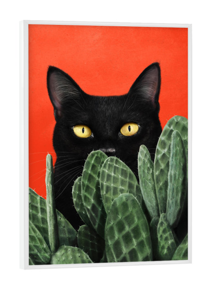 Poster mit weißem Rahmen "Schwarze Katze in Kakteen" artboxONE - Natur,Floral,Tiere,Für Mama,Lustig