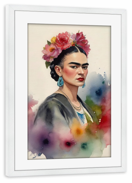 Poster mit Rahmen weiß "Frida Kahlo D" artboxONE - Fashion - Frida kahlo,Diego rivera,Mexiko,Frau,Revolution,Malerin,Feministin,Mode