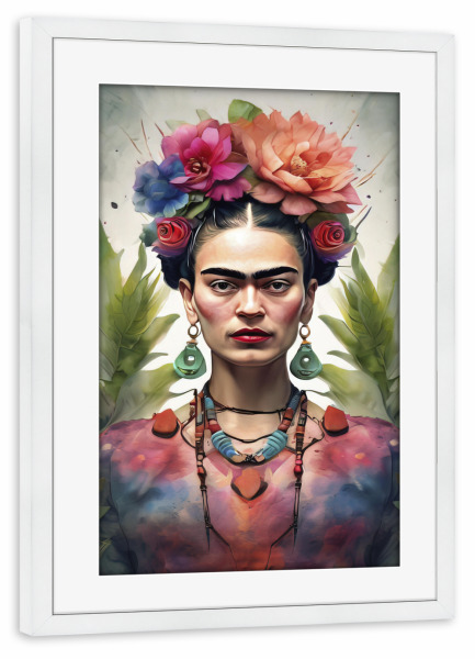 Poster mit Rahmen weiß "Frida Kahlo geb" artboxONE - Fashion - Frida kahlo,Diego rivera,Mexiko,Frau,Revolution,Malerin,Feministin,Mode