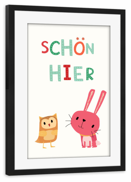 Poster mit Rahmen schwarz "Schön hier" artboxONE - Typografie,Für Kinder,Tiere - Kinder,Illustration,Bunt,Tiere,Kinderzimmer,Typo,Typografie