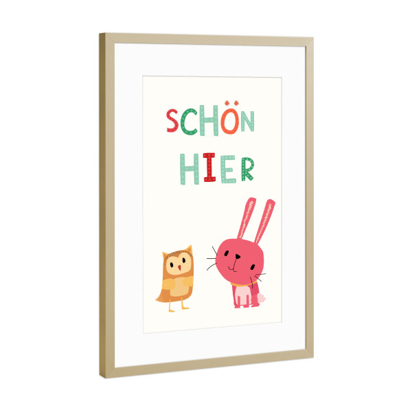 Poster mit Rahmen Gold "Schön hier" artboxONE - Typografie,Für Kinder,Tiere - Kinder,Illustration,Bunt,Tiere,Kinderzimmer,Typo,Typografie
