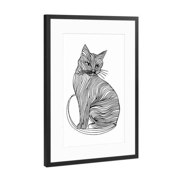 Poster mit Rahmen Schwarz (Metallic) "Linienkunst Kat" artboxONE - Tiere,Schwarzweiß