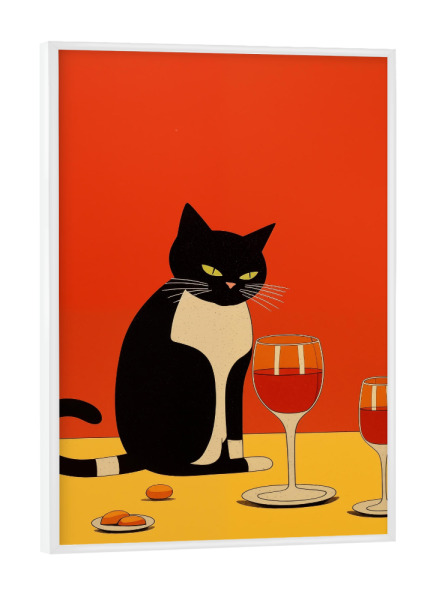 Poster mit weißem Rahmen "Katze auf dem Tisch mit Wein" artboxONE - Tiere,Essen & Trinken / Alkohol - Katze,Bunt,Tisch,Wein,Alkohol,Illustration