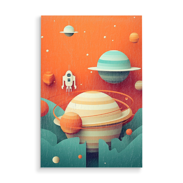 Holzbild "Weltraumlandschaft in Papieroptik" artboxONE - Galaxy - Weltraum,Rakete,Planeten,Saturn,Venus,Bunt,Papier,Optik,Ki