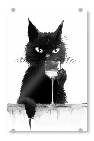 Acrylglasbild "Katze sippt am Weinglas" artboxONE - Tiere,Schwarzweiß,Essen & Trinken / Alkohol - Katze,Wein,Schwarzweiß,Trinken,Alkohol,Lustig,Sippen