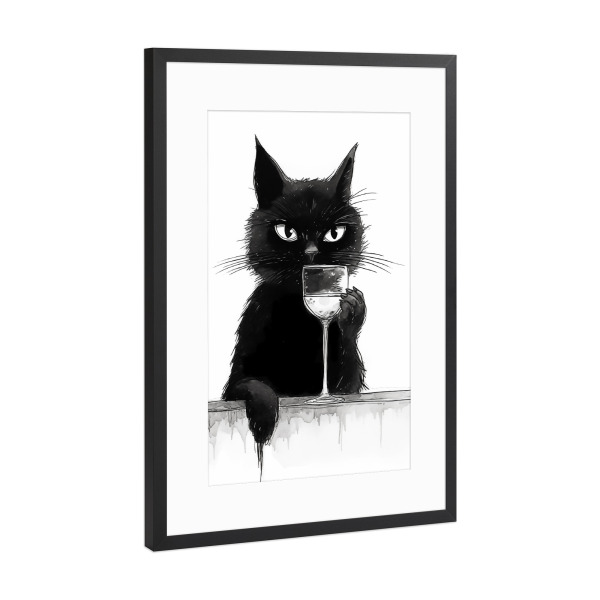 Poster mit Rahmen Schwarz (Metallic) "Katze sippt am Weinglas" artboxONE - Tiere,Schwarzweiß,Essen & Trinken / Alkohol