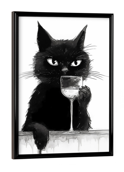 Poster mit schwarzem Rahmen "Katze sippt am Weinglas" artboxONE - Tiere,Schwarzweiß,Essen & Trinken / Alkohol
