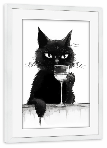 Poster mit Rahmen weiß "Katze sippt am Weinglas" artboxONE - Tiere,Schwarzweiß,Essen & Trinken / Alkohol