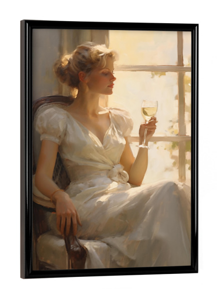 Poster mit schwarzem Rahmen "Frau mit Weinglas am Fenster" artboxONE - Menschen,Essen & Trinken / Alkohol