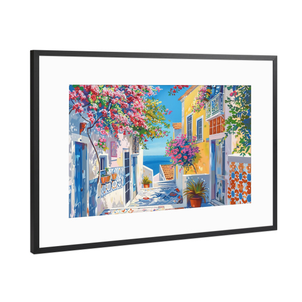 Poster mit Rahmen Schwarz (Metallic) "Mediterraner Sommer" artboxONE - Floral,Architektur,Reise / Strand und Meer