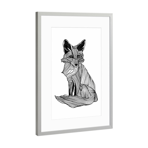Poster mit Rahmen Silber "Linienkunstfuchs" artboxONE - Tiere,Schwarzweiß