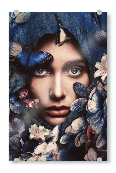 Acrylglasbild "Faszinierende Augen" artboxONE - Natur,Floral,Menschen - Frau,Blumenfrau,Blumenfrau,Schleier,Augen,Frauengesicht,Blumen,Frau mit blumen