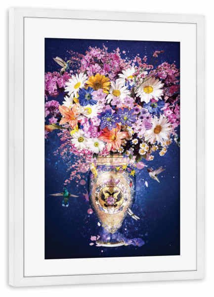 Poster mit Rahmen weiß "Blumenexplosion Blau" artboxONE - Floral