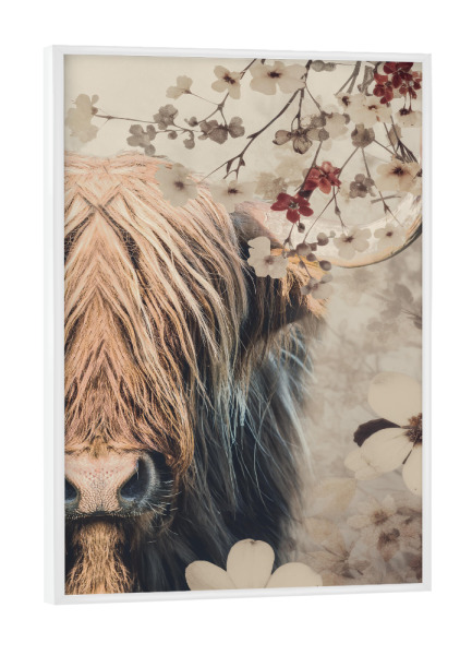 Poster mit weißem Rahmen "Highlander Vintage" artboxONE - Floral,Tiere - Schottischer highlander,Hochlandkuh,Kuh,Stier,Rind,Floral,Blumen