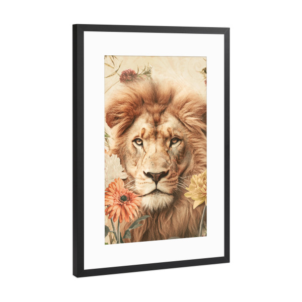 Poster mit Rahmen Schwarz (Metallic) "Lion Vintage" artboxONE - Floral,Tiere - Löwe,Blumen,Blumenlöwe,Vintage-löwe,Löwin,Tier