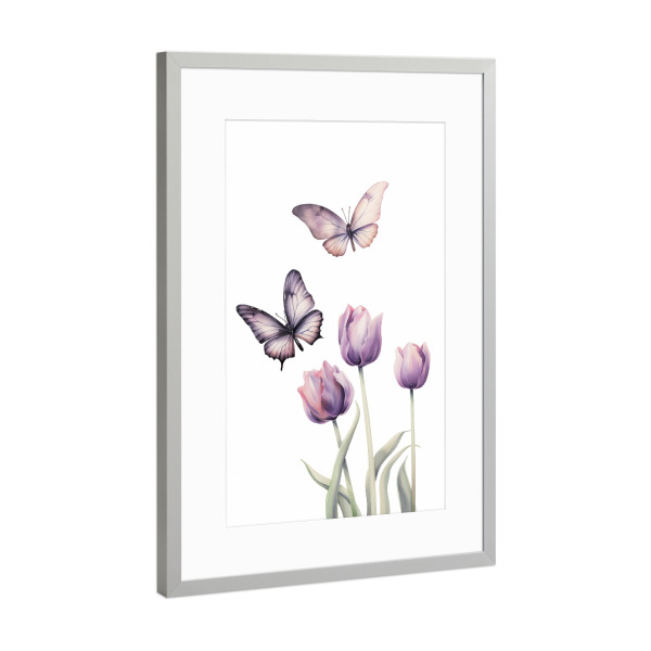Poster mit Rahmen Silber "Schmetterlinge und Blumen - pink" artboxONE - Natur,Floral,Tiere